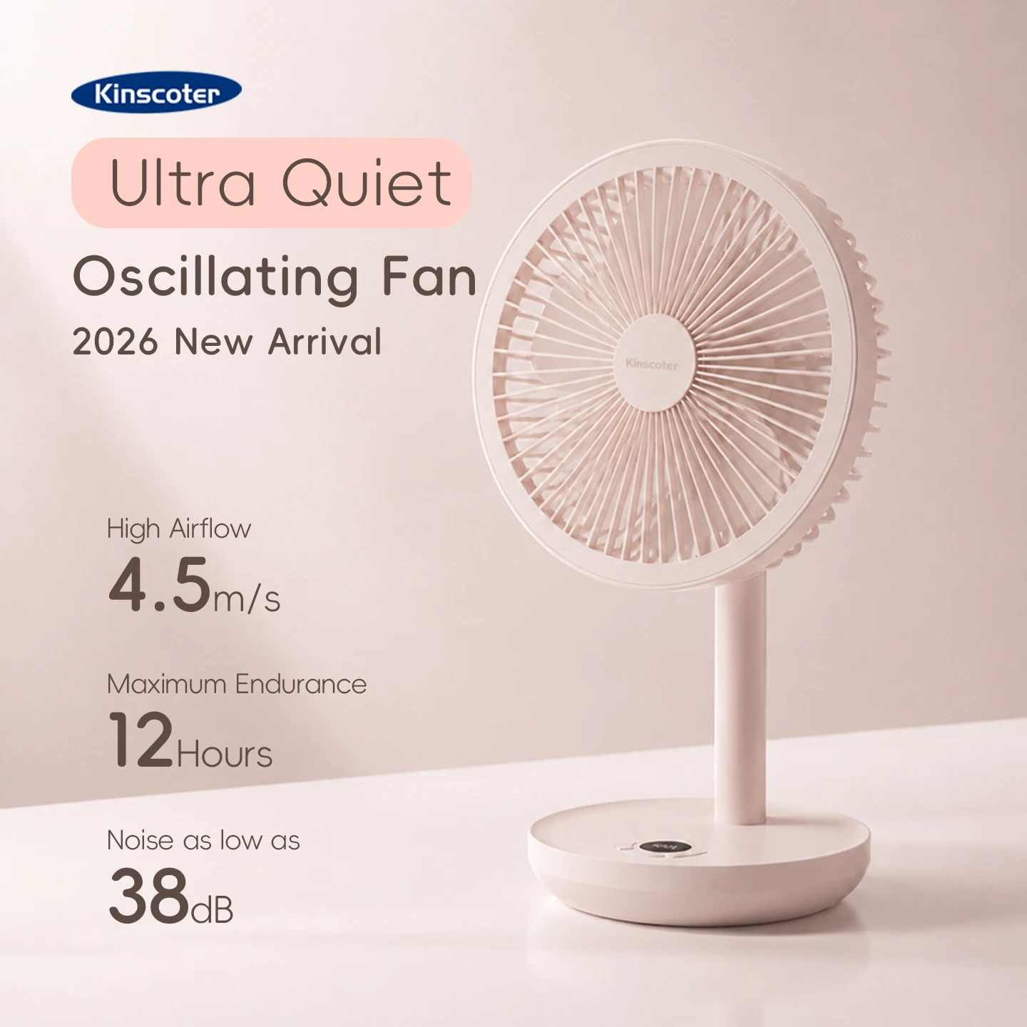 KINSCOTER Intelligenter oszillierender Tischventilator, 5-Gang-Windgeschwindigkeiten, winkelverstellbar, 4000 mAh, wiederaufladbarer Ventilator für Zuhause, Büro, Zimmer