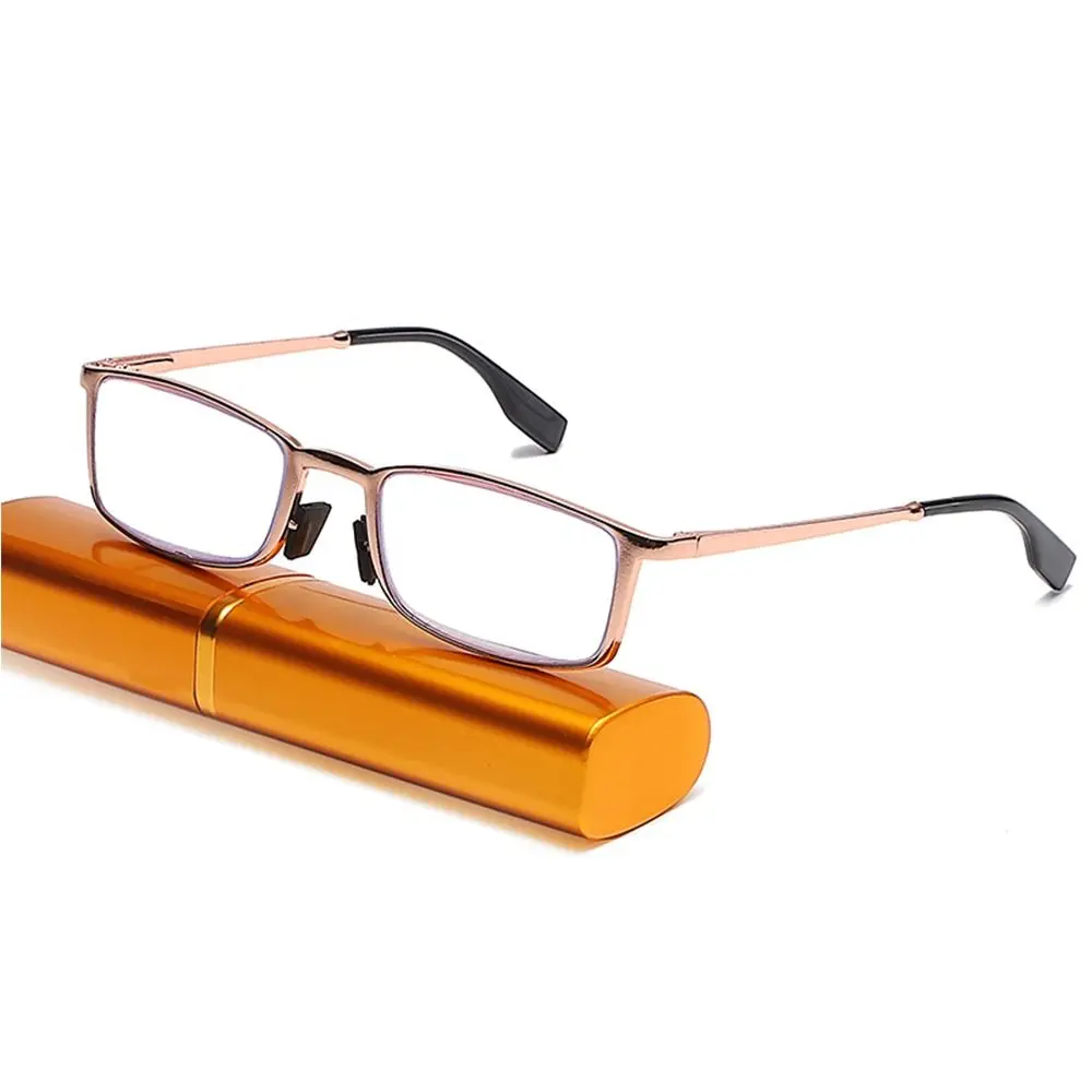 Glasses Spring Hinge Metal Frame Mini Reading Glasses Blue Light Blocking with Portable Pen Clip Case Readers Eyeglasses