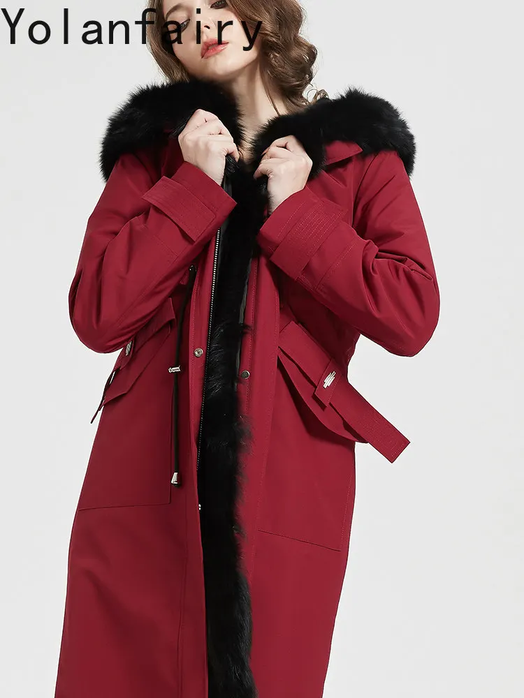 YOLANFAIRY Real Fur Coats Woman Winter Warm Rex Rabbit Fur Liner Jacket Luxury Fox Fur Collar Long Over The Knee Casual Parkas