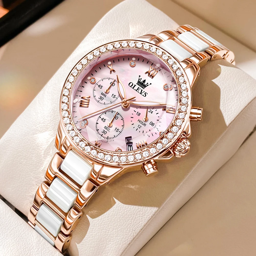 

Olevs Women Quartz Watch Ceramic strap Multifunction Display Classic Female Wristwatch 30m Waterproof Watches For Girls Gift