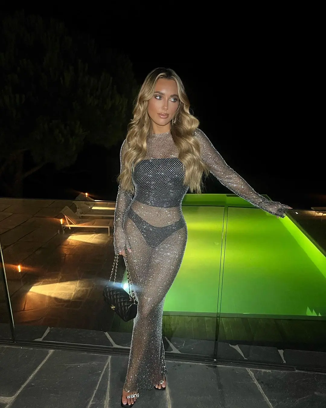 Mode Elastische Mesh Glänzenden Strass Lange Kleid Sexy Aushöhlen Sheer Frauen Cover Up Nachtclub Party Abendkleider 2024 Neue