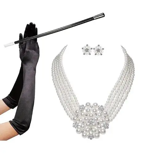 Audrey Hepburn Breakfast at Tiffanys 1950s Costume Jewelry Accessory Set Pearl Necklace Earring Bracelet Glove Cigarette Holder