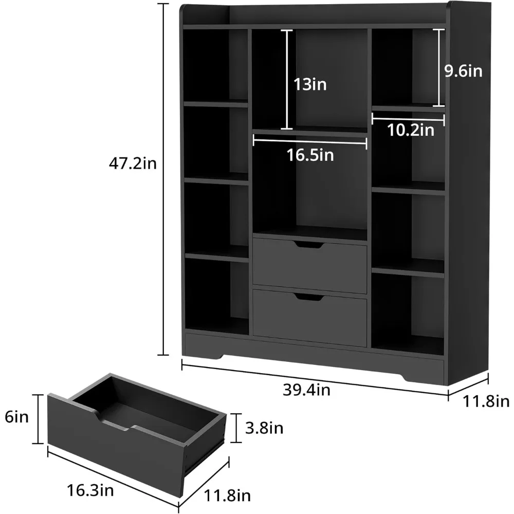 Bookshelf, 4-Tier Open Shelf Bookcase with 2 Drawers and 10 Cubes, Wood Cube Storage Organizer Shelf, 39.4