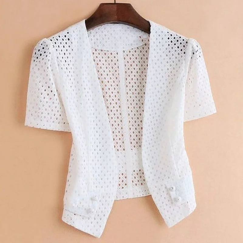 

White Lace Shawl Women's Clothing 2023 Summer Short Hollow Cardigan Top Thin Coat Outercoat Short Sleeve Tops Femme Mujer