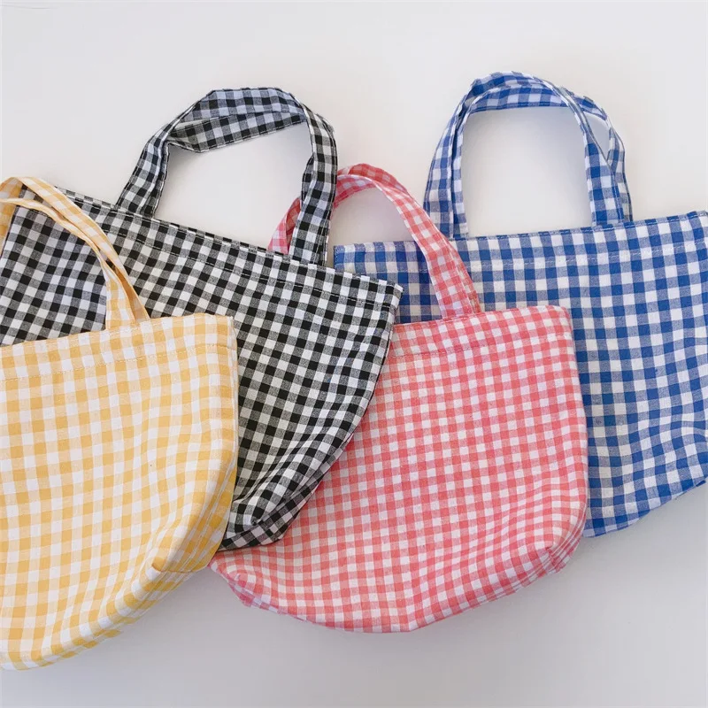 Portable Women\'s Bento Handbags Simple Plaid Ladies Small Tote Purse Shoulder Bags Retro Female Cloth Reusable Shopping Bag