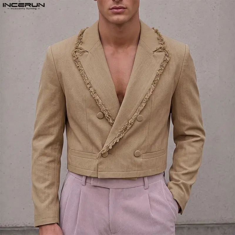 Men Blazer Tassel Patchwork Lapel Long Sleeve Streetwear Male Crop Suits Double Breasted Spring Autumn Blazer For Man INCERUN