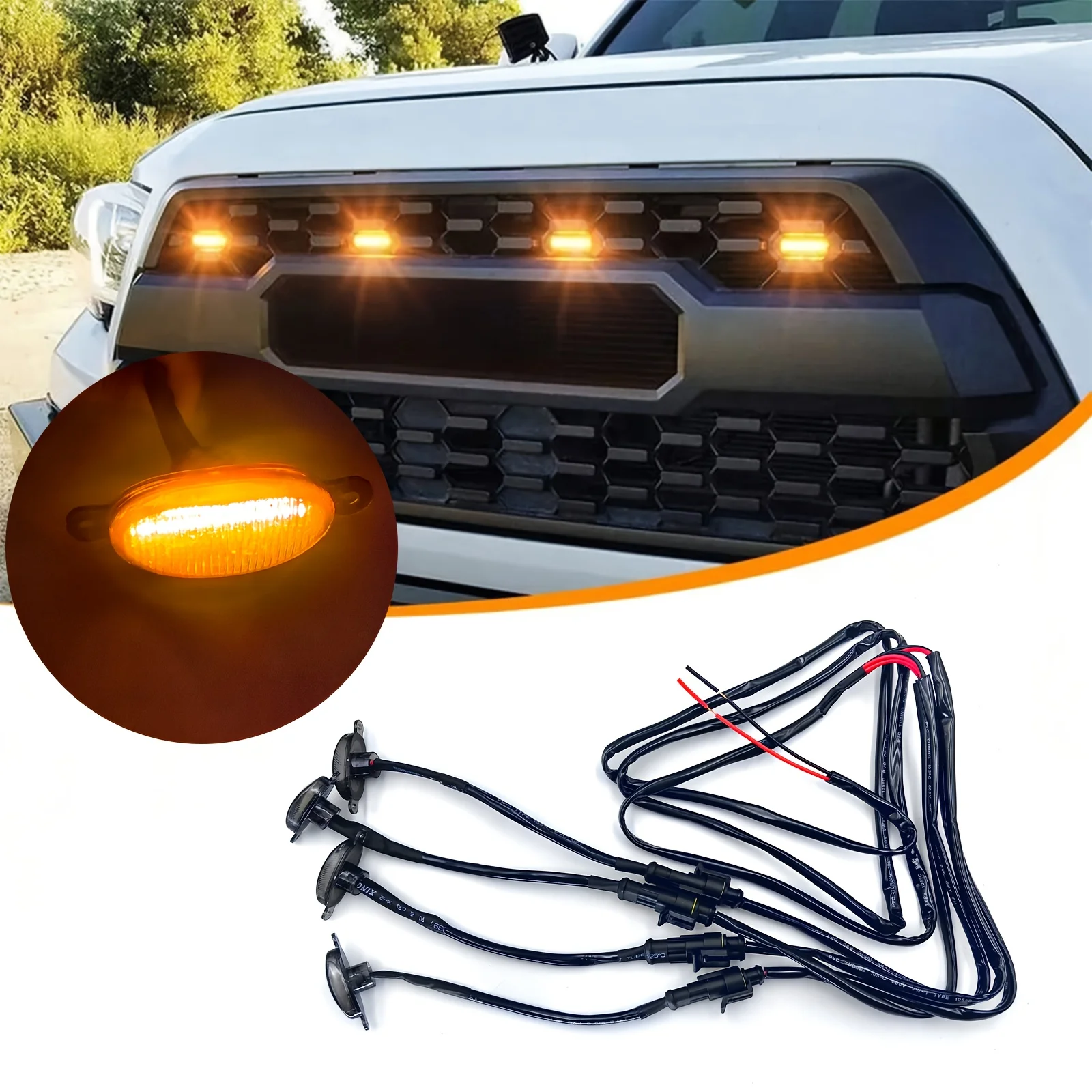 

4-in-1 Amber LED Car Light Strip, 48LED High Bright, 12V Plug&Play/Hardwire, Fit Truck SUV Grille, P D&S, Gift For Car Lovers