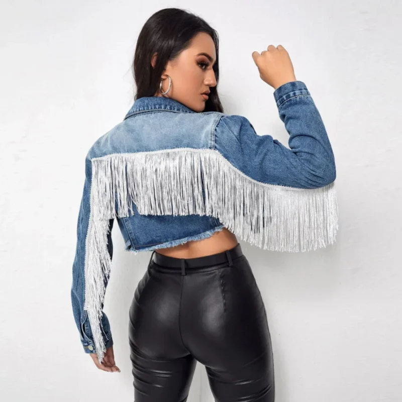 Cowboy Jacket Women's Fashion Tassel Stitching Sexy Ripped Denim Coat Retro Casual Short Long Sleeve Streetwear Jean Jacket