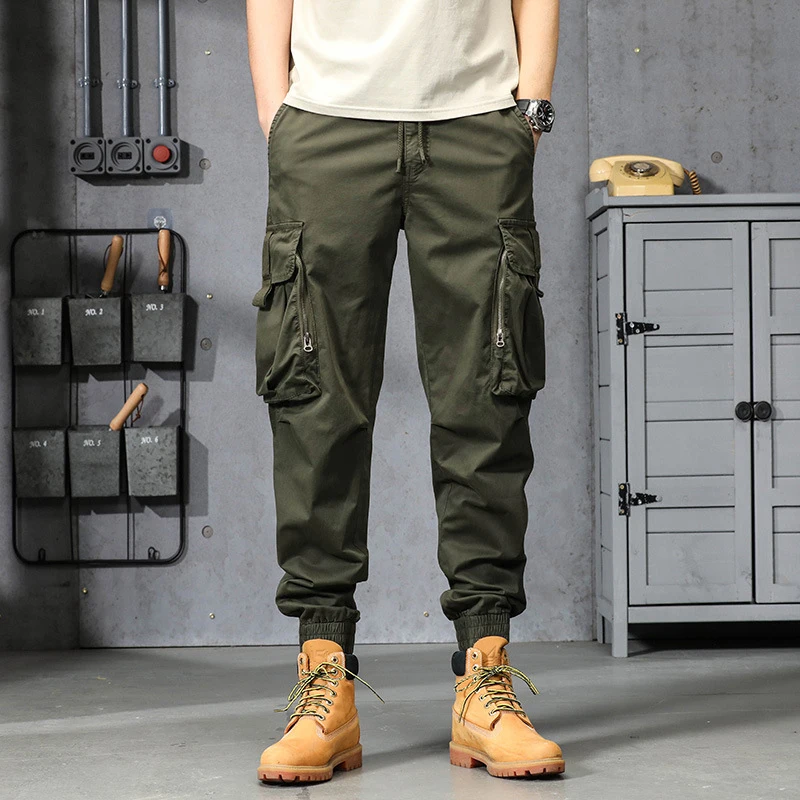 

Men's Versatile Casual Multi Pocket Workwear Pants Ankle Tied Loose Fit Trendy Brand Solid Color Summer Thin Version