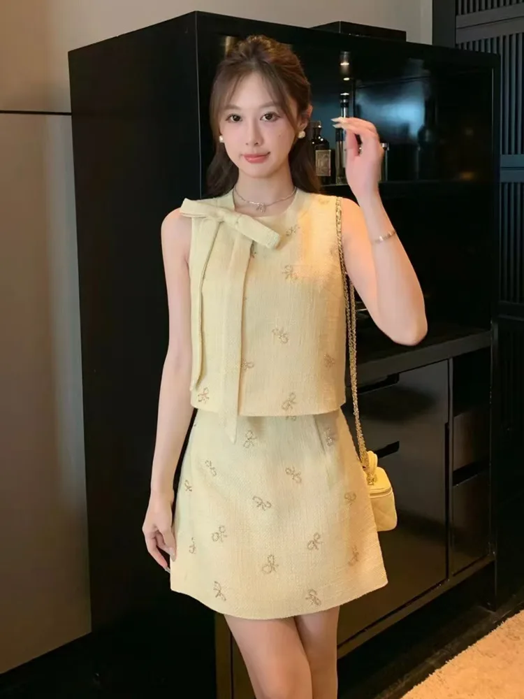 2025 ฤดูร้อนหรูหราขนาดเล็กหอม Tweed 2 ชิ้นชุดผู้หญิงชุด TANK Crop Top + ชุดกระโปรง conjuntos femininos elegantes