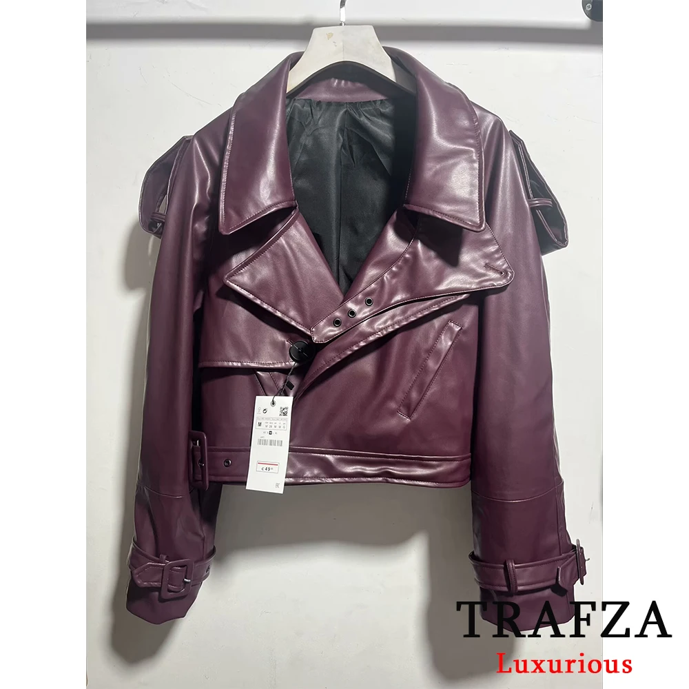 TRAFZA Vintage Chic Claret Leather Jackets Women V Neck Long Sleeve Sashes Faux Leather Coats Fashion 2024 Autumn Winter Outwear