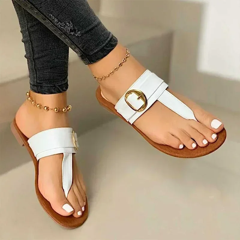 Zapatillas de mujer, Sandalias planas con Clip dedos, zapatos de verano atados en T para mujer, chanclas informales de playa para mujer, calzado de cuero PU a la moda para mujer