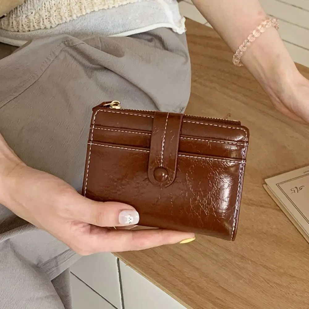 محفظة نسائية صغيرة ريترو بسحاب وحامل بطاقات من البولي يوريثان، محفظة قصيرة رفيعة للغاية ومتعددة الوظائف للعملات المعدنية للطلاب