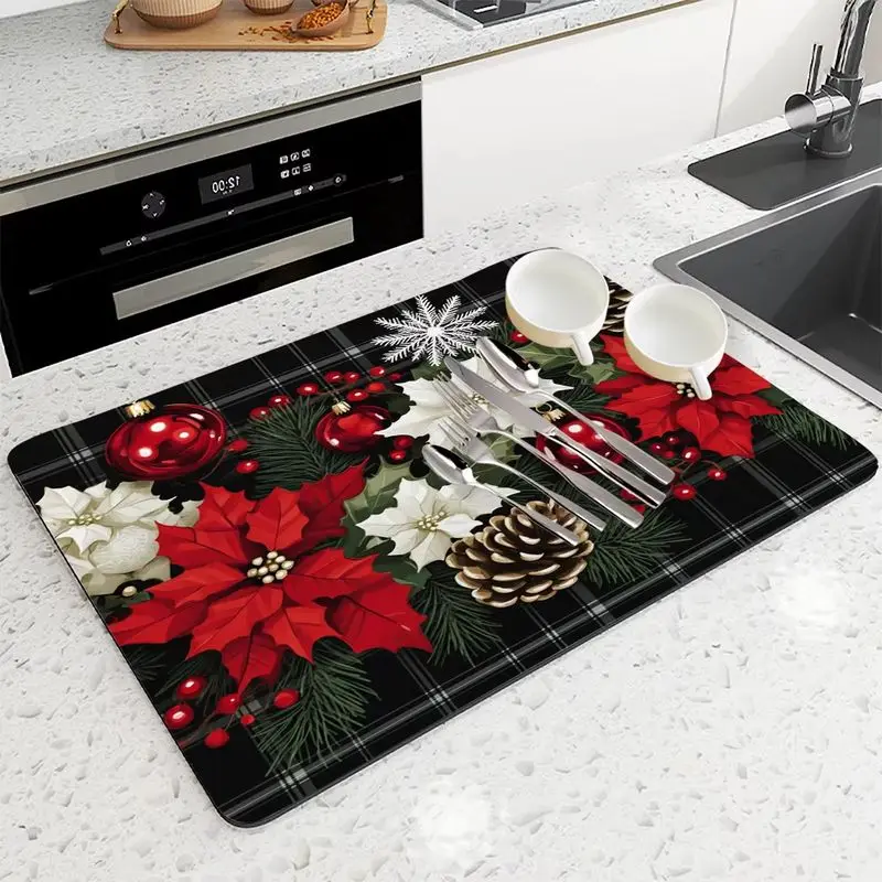 VIKAMA Plaid Poinsettia Dish Drying Mat Black Christmas Print Absorbent Non Slip Counter Pad For Dining Room Festive Decor