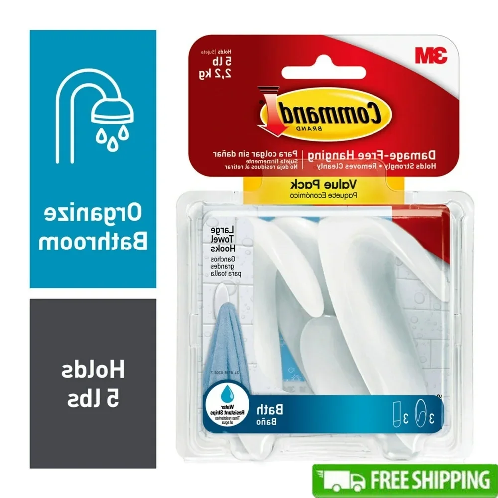 

3 упаковки больших крючков для полотенец, не повреждающие настенные крючки для ванной комнаты с клейкими полосками, сверление не требуется, вмещает пространственный дизайн объемом 5 фунтов