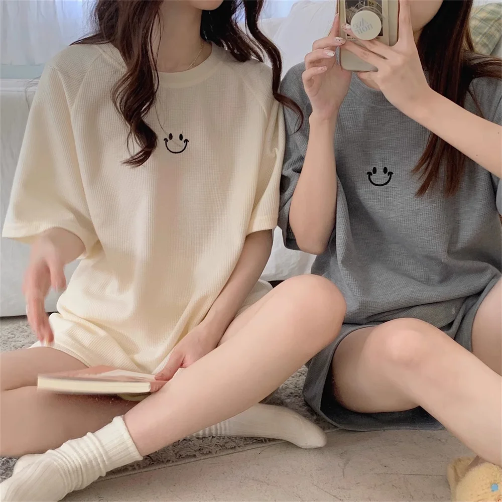 Women's Pajamas Sets Smile Sleepwear Short Sleeve Pajama Homewear Female Nightwear Korean Style 2024 Casual Homewear