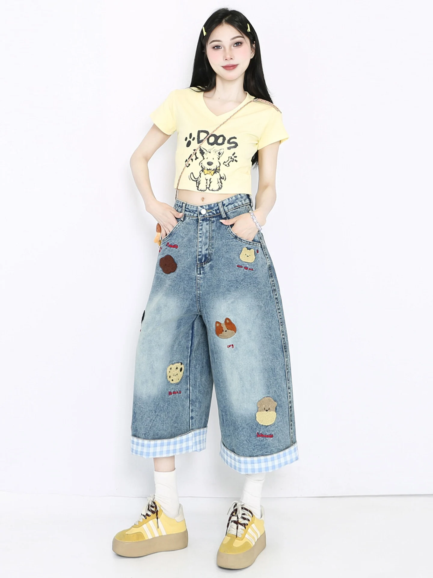 Pantalones vaqueros bordados de cintura americana para mujer, pantalón de siete pies, holgados, de pierna ancha, informales, de cintura alta, Color puro, a la moda, verano