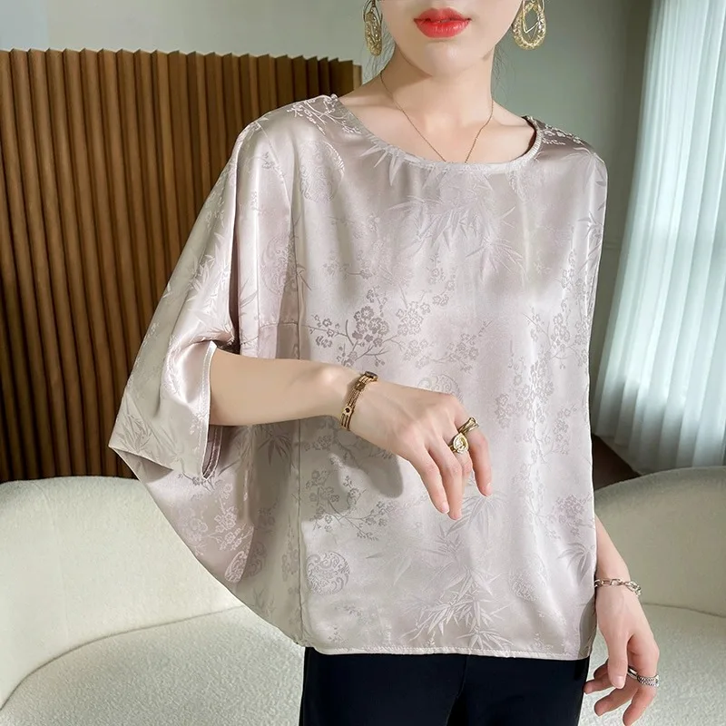 Silk Satin Batwing Sve Top Women Summer Loose Slim Fit Seven Sve irt Floral Embroidery Relief Sle Commute round Ne
