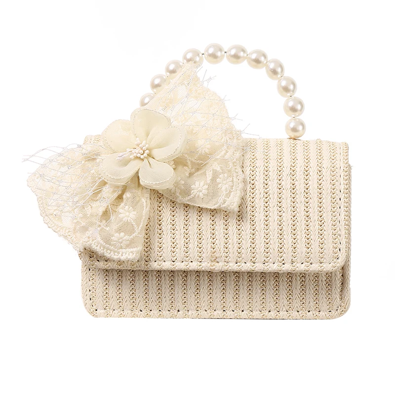 New Children Girls Shoulder Bag  Pearl Bow Flower Straw Bag Messenger Bag Kids Keys Coin Purse Cute Princess Mini Handbag