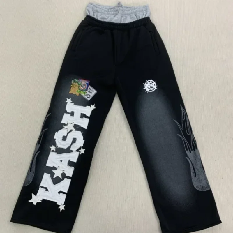 الخريف الاتجاه شارع العليا INS الرجال النساء فضفاضة عادية مستقيم الساق مزدوجة الخصر الأمريكية رسالة مطرزة الرباط السراويل #6