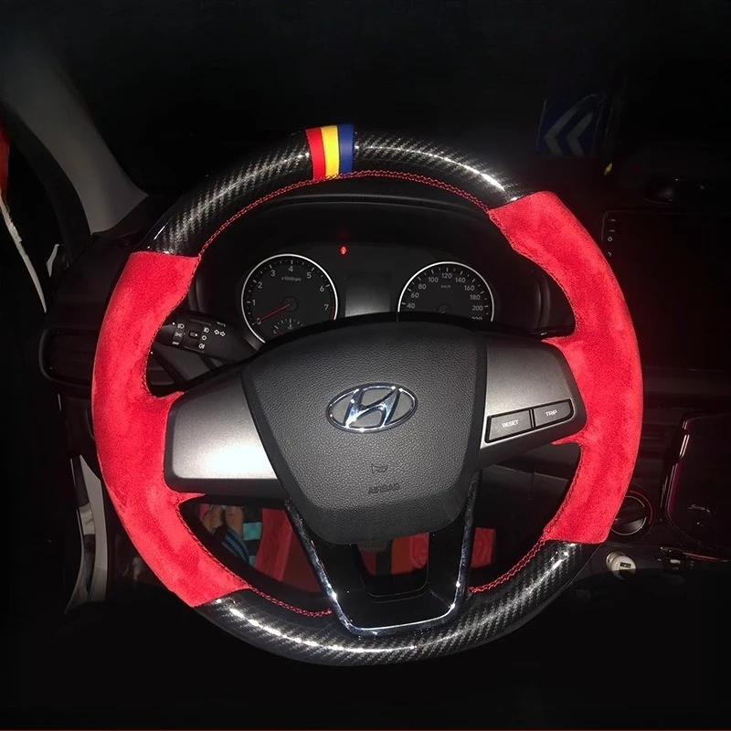 

For Hyundai ix25 Creta 2014-2018 Hand Stitched non-slip carbon fibre red suede Car Steering Wheel Cover