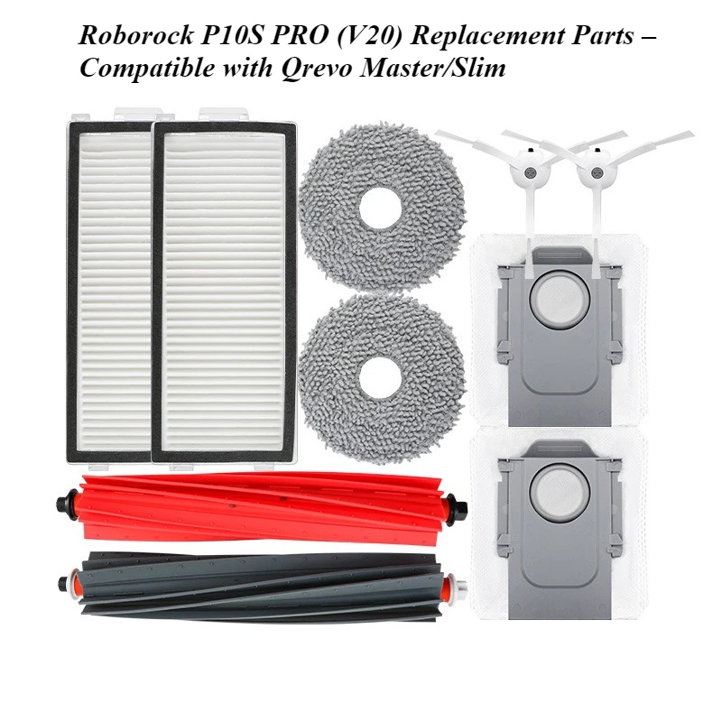 

Roborock P10S PRO (V20) Replacement Parts,Compatible with Qrevo Master/Slim – Main Brush, Side Brush, HEPA Filter Cleaning Kit