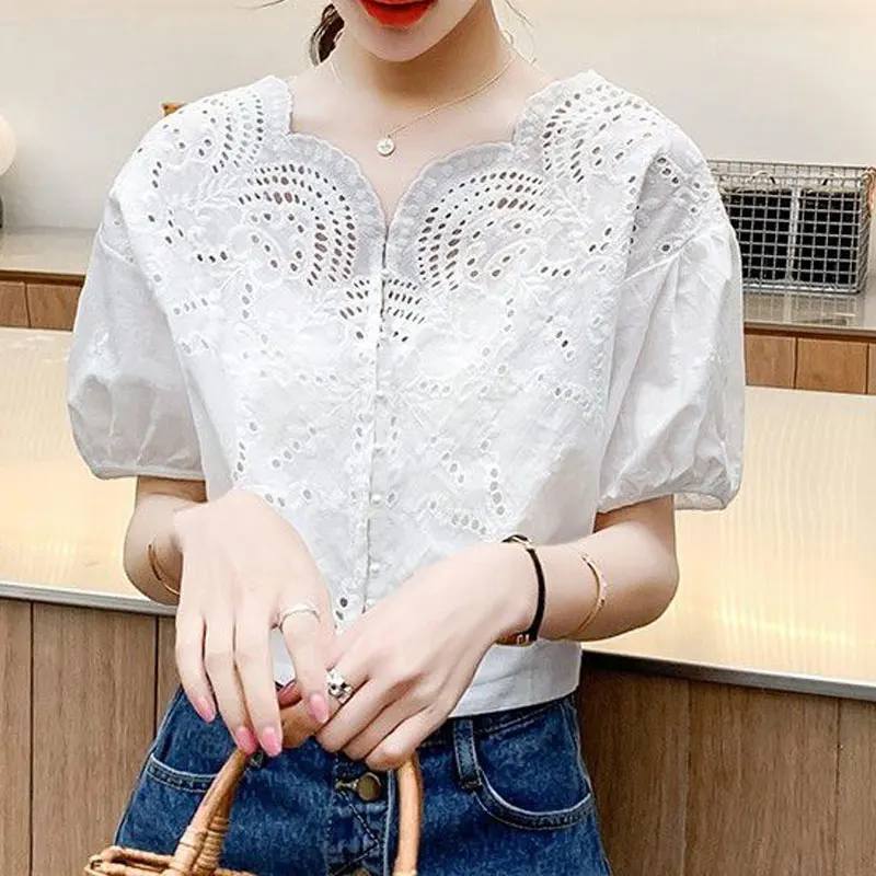 Women\'s Clothing Commute Single-breasted Shirt Solid Color All-match Elegant V-Neck Stylish Hollow Out Summer Loose Blouse 2023