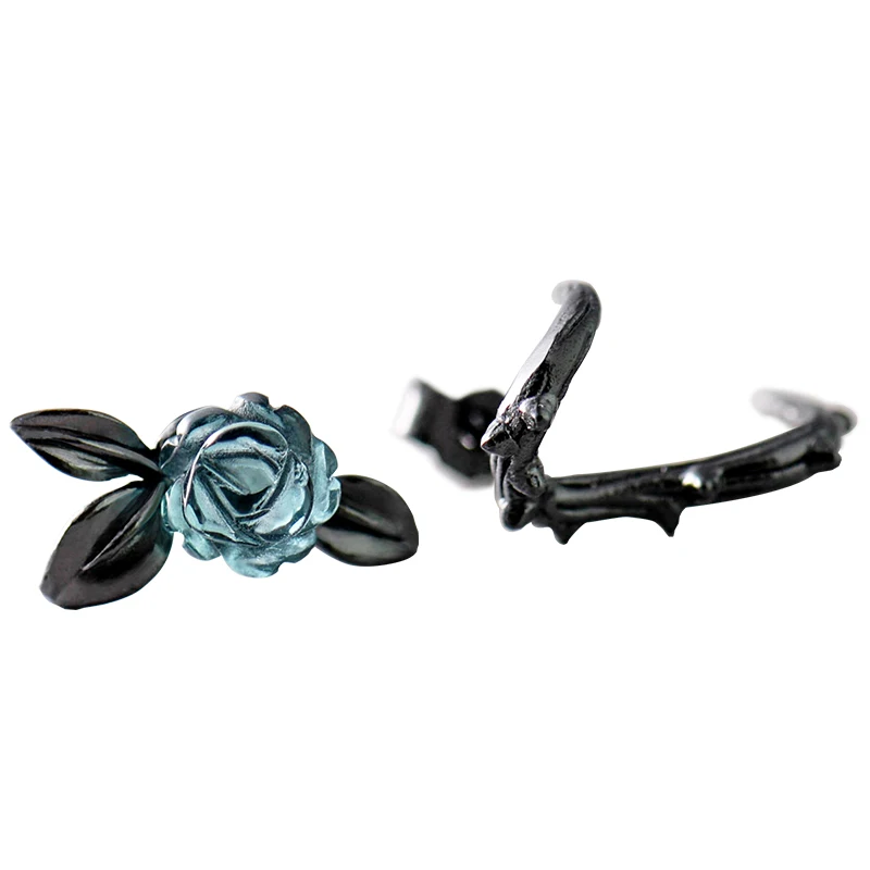 Thaya s925 Silver Thorn Blue Crystal Rose Design Black Stud Earrings for Women Asymmetry Flower Earring Female Jewelry Gift