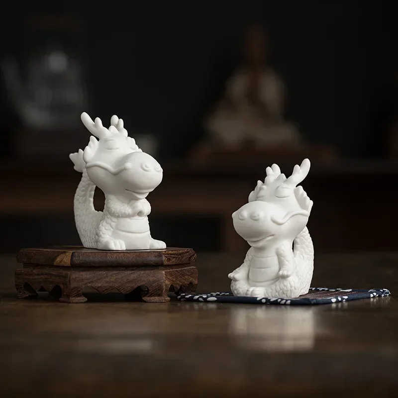 Creative White Porcelain Zodiac Dragon Mascot for Attracting Wealth Home Tabletop Tea Pet Decoration Handicrafts