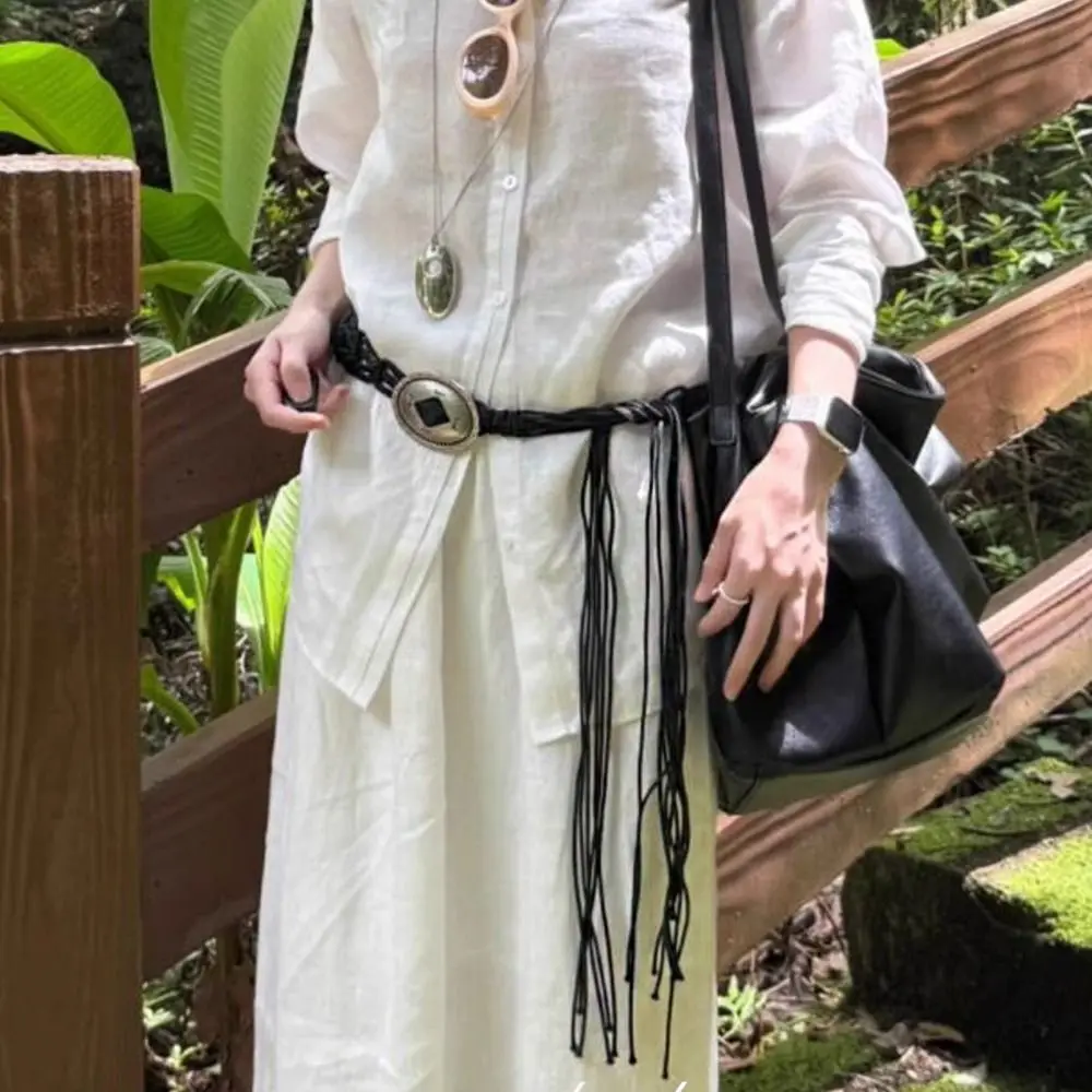 

Fashion Waistband Ethnic Style Weave Belt woven Hollow Bohemian Style Belt Round Ring Retro Tassel Waist Chain Dress Decoration