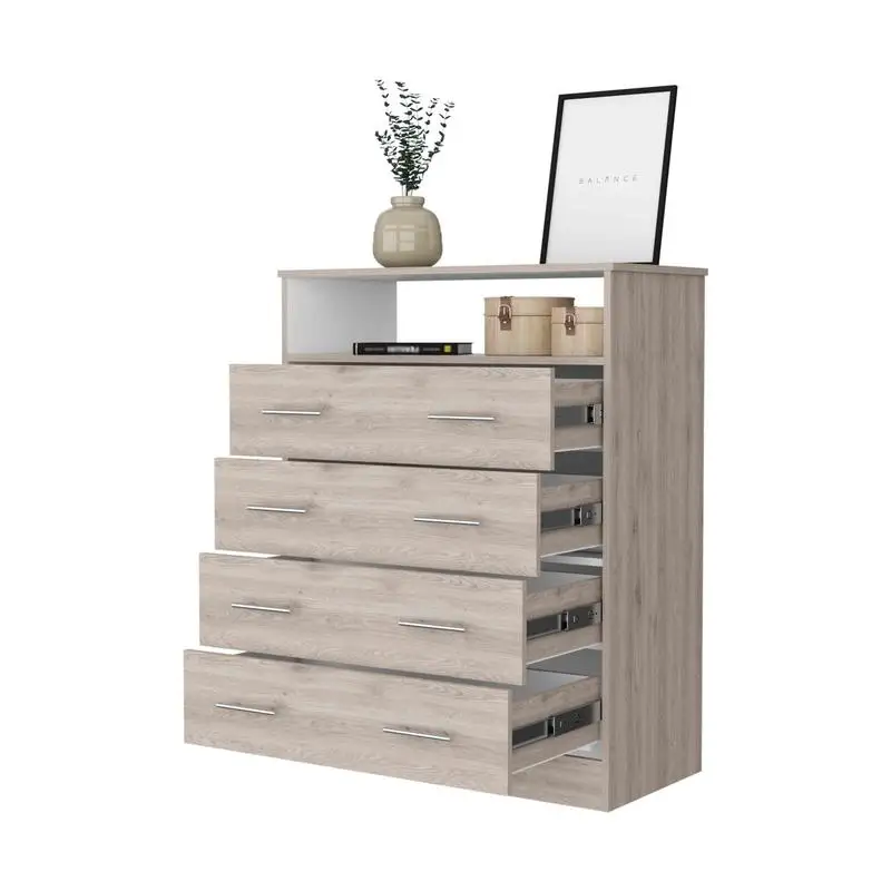 Commode à 4 tiroirs gris clair et blanc avec étagère et dessus supérieur