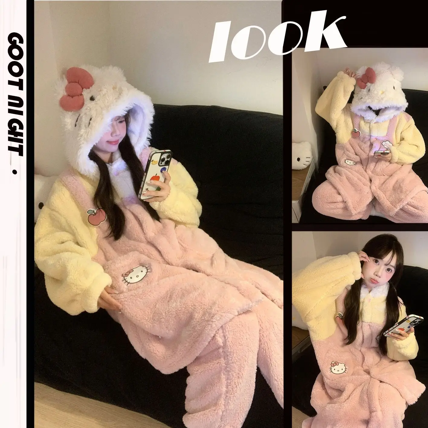 

Популярный пижамный комплект для девочек, милая ночная рубашка Hello Kitty, бархатная утолщенная теплая одежда, фланелевая ночная рубашка Y2k, повседневный комплект домашней одежды