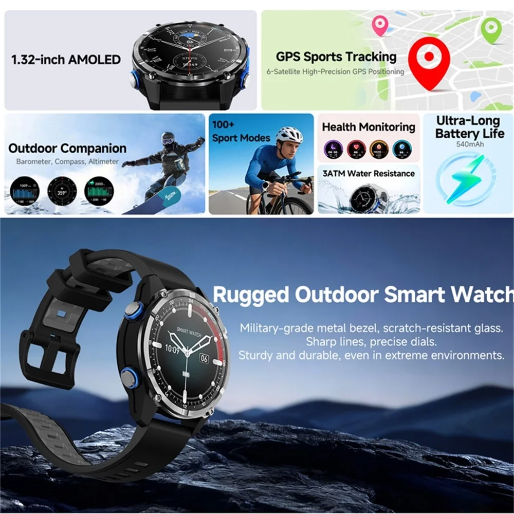 New GPS Outdoor Sports Smart Watch Blue Tooth Call 3ATM Waterproof Clock AMOLED Screen Health Watches Compass Weather Smartwatch