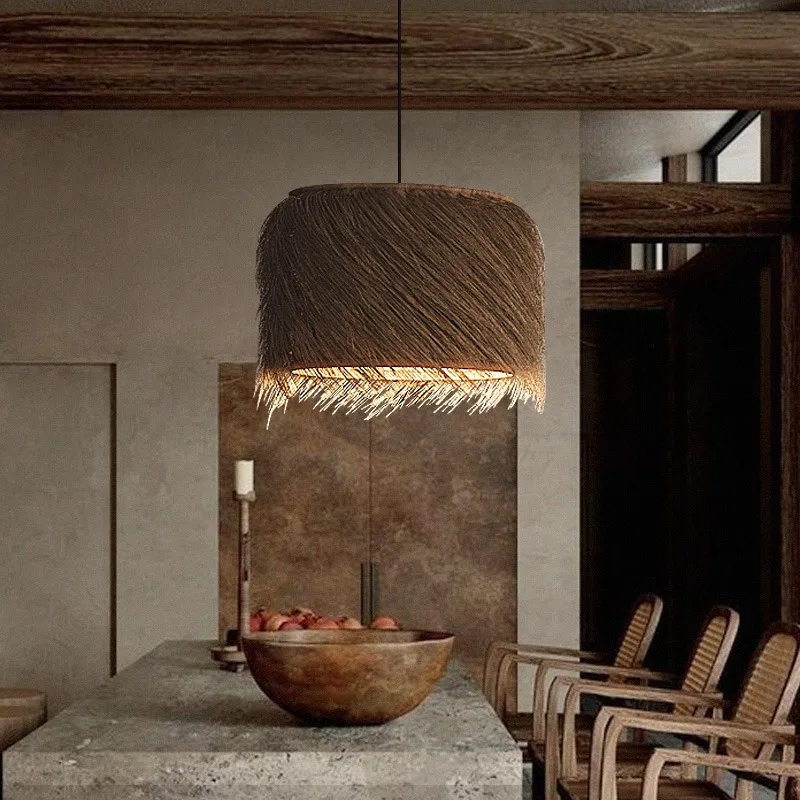 Japanese rattan chandelier, wabi-sabi style, retro creative living room, dining chandelier, homestay rattan straw hat, led livin