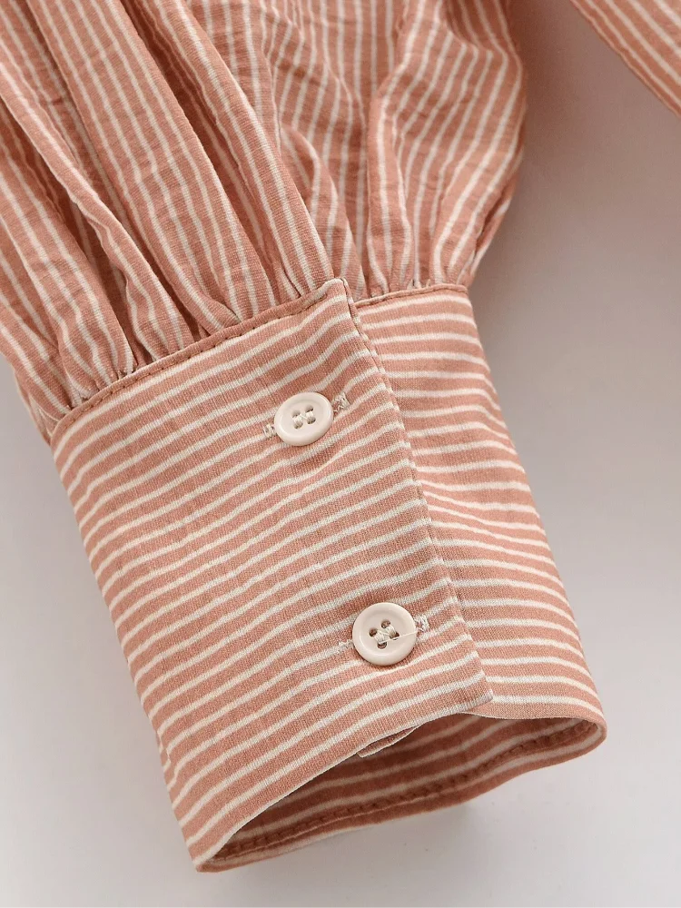

White Pink Stripe Tie Neck Lantern Sleeve Shirt Elegant Women V Neck Loose Fit Blouse 2026 Ladies Office Daily Streetwear Top
