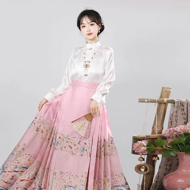 

Традиционная китайская женская рубашка Hanfu с вышивкой, юбка с конским лицом, улучшенный длинный костюм династии Мин, комплект с жилетом и юбкой