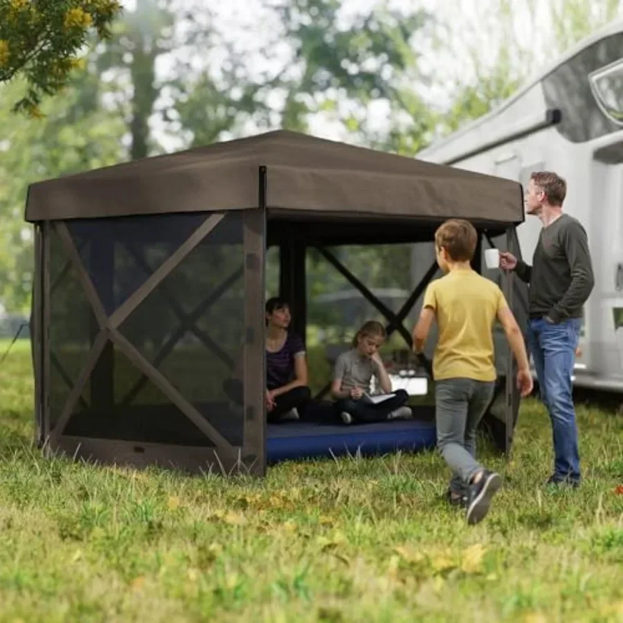 12' x 12' Hexagonal Pop Up Gazebo  Tent with 5 Sidewalls Waterproof Portable Outdoor  Shelter in Beige with Curtains Carry Bag