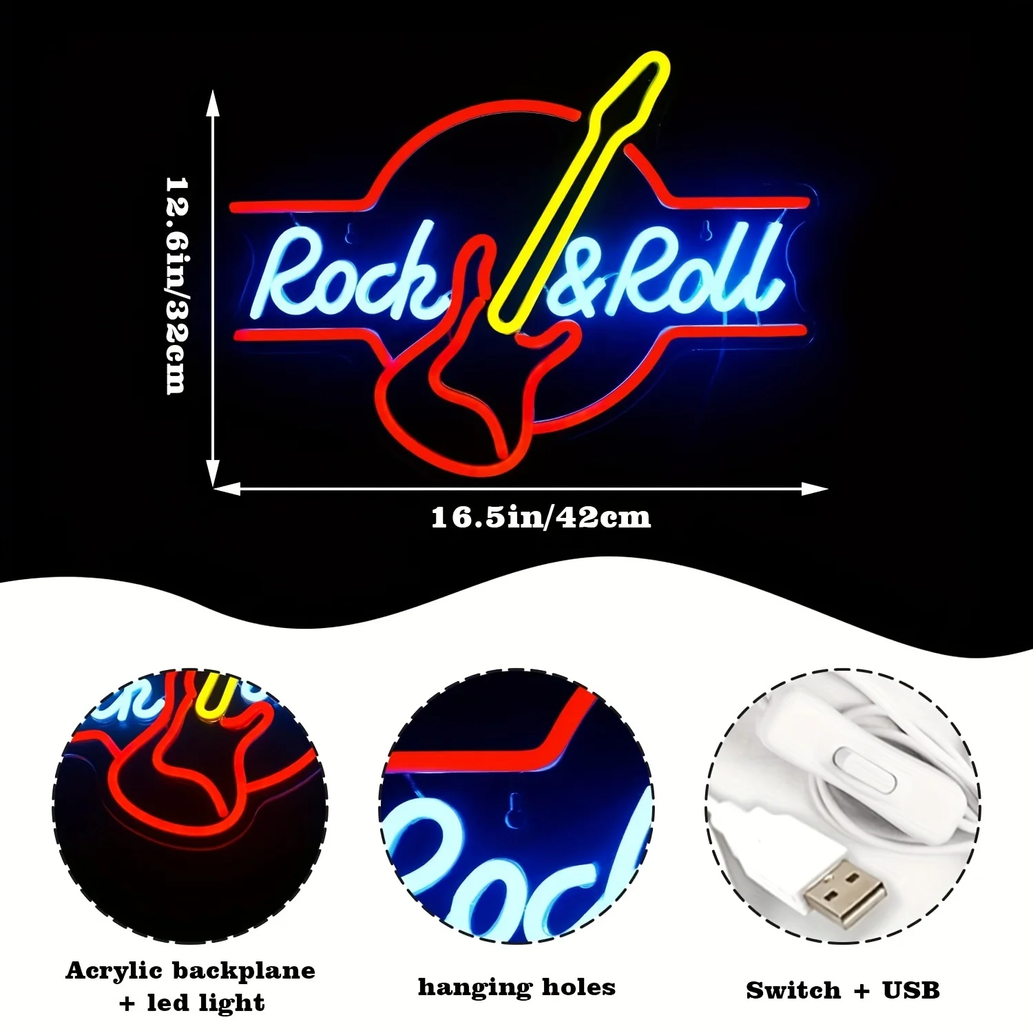 Guitar Rock And Roll Neon Signs,Led Neon Signs For Wall Decor, USB Powered Led Neon Signs For Music Bar, Music Disco, Wall Decor