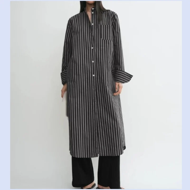 

25-летнее новое длинное платье-рубашка в скандинавском минималистском стиле в хрустящей полоску