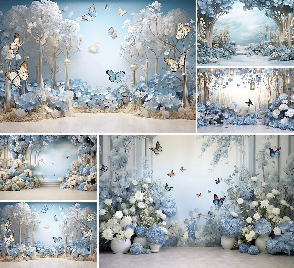 Mehofond Photography Background Spring Garden Blue Flowers Butterfly Child Birthday Party Portrait Decor Backdrop Photo Studio