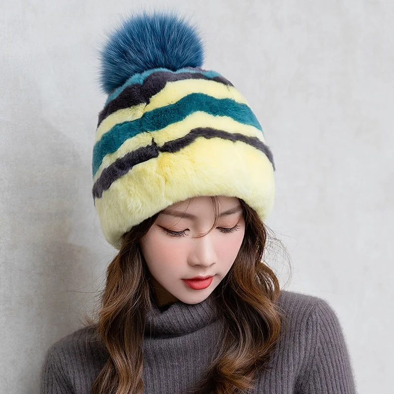 

Ladies Sweet Cute Warm Fur Hat Winter Rex Rabbit Fur Striped Design Fur Hat Fox Fur Ball Decorated High Quality Outdoor Hat