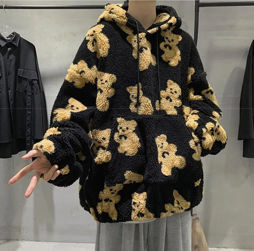 Fleece Hooded Jassen Streetwear Casual Harajuku Hip Hop Mannen Vrouwen Mode Beer Print Full Zip Hooded Jas Tops Uitloper W353