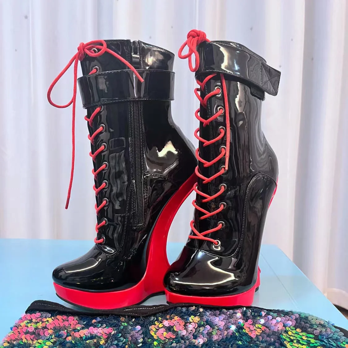 SeekMate-Botas de tobillo de PU con tacón de 17, zapatos de moda de caballero grande, color rojo, para amantes del pie de burro, COSPLAY