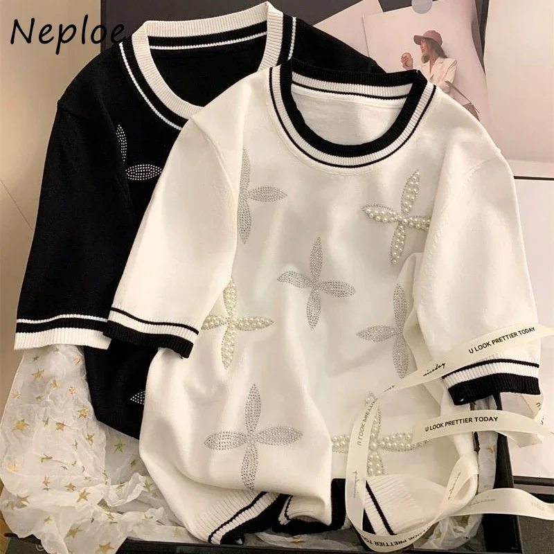 Neploe 2024  New Ice Silk O-neck  Beading T-shirts Fashion Sweet Knitted Short Sleeve Tee Shirt Summer Loose Black Tops Women