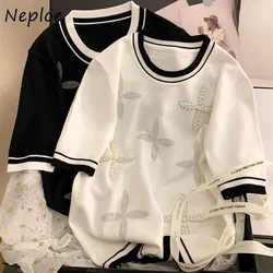 Neploe 2024 New Ice Silk O-neck Beading T-shirts Fashion Sweet Knitted Short Sleeve Tee Shirt Summer Loose Black Tops Women