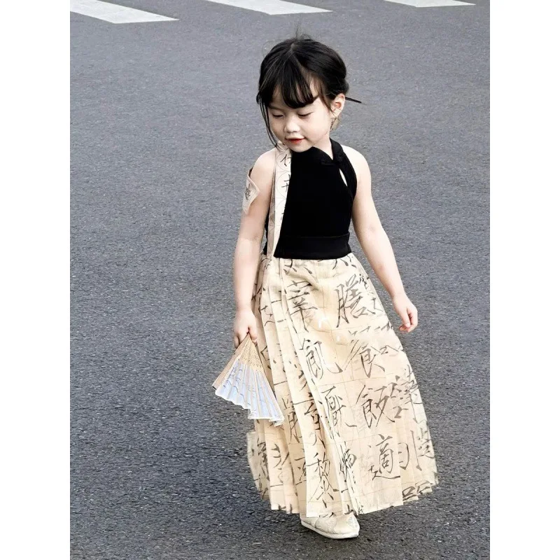 

Princess Dress Girls' Ancient Style Horse-Face Skirt Retro Style Cheongsam Children's Ink Painting Hanfu Sleeveless Summer Three