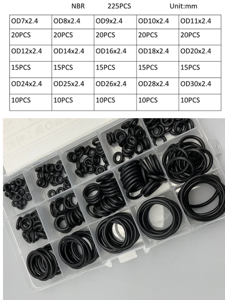 CS 2.4mm  Black NBR O Ring Kit OD 7-30mm Waterproof Oil Resistant Sealing Gasket For Mechanical Equipment and  Automotive Parts