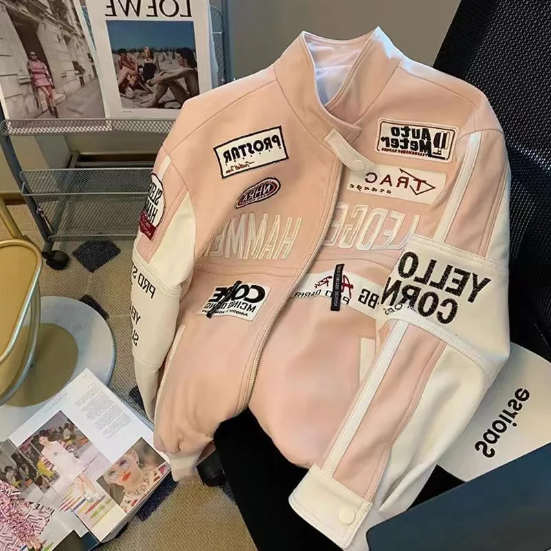 Amerikanische Modemarke bestickte Leder-Baseballjacke für Männer und Frauen, Winter, High Street, Vintage, coole Racing-Motorradjacke