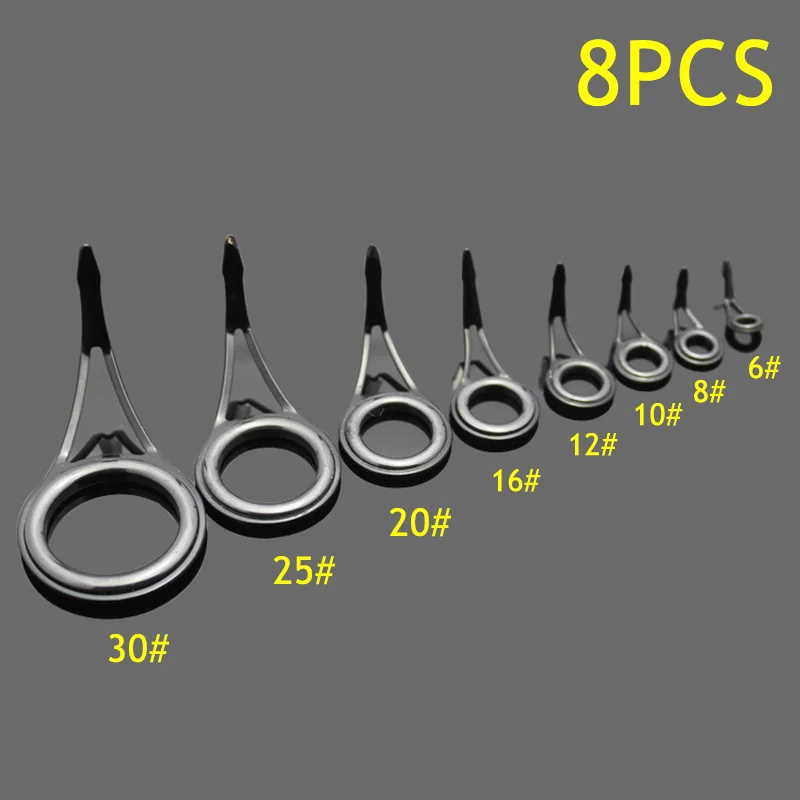 8Pcs High Carbon Steel Fishing Rod Guide Rings Ceramic Insert 6-30mm Oval Top Tip Repair Kit for Broken Rod Pole Accessories