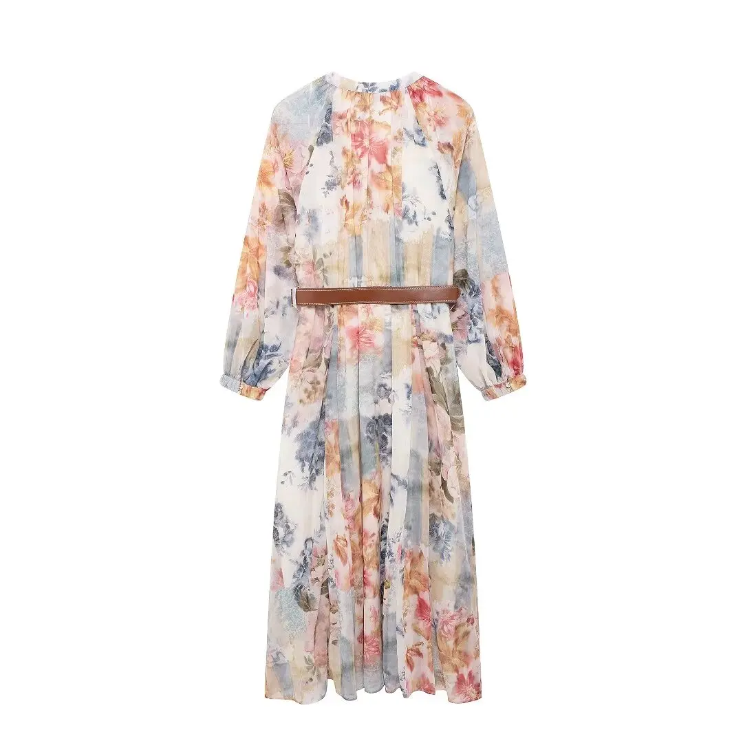 Tangada 2024 Women  Flowers Print Long Dress Female Long Sleeve A-line Dress BE0375